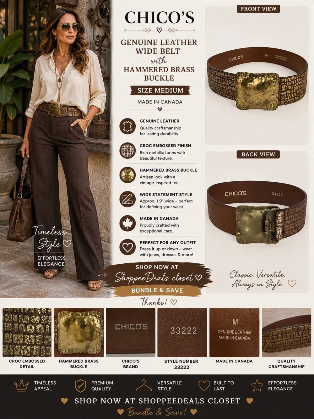 Chico’s Genuine Leather Wide Croc Embossed Belt with Hammered Brass Buckle